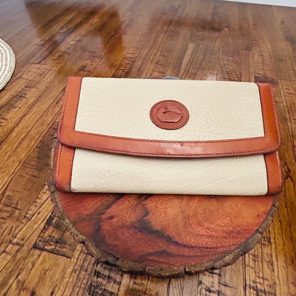 Dooney & Bourke Cream Pebble Leather Foldover Clutch with Brown Trim